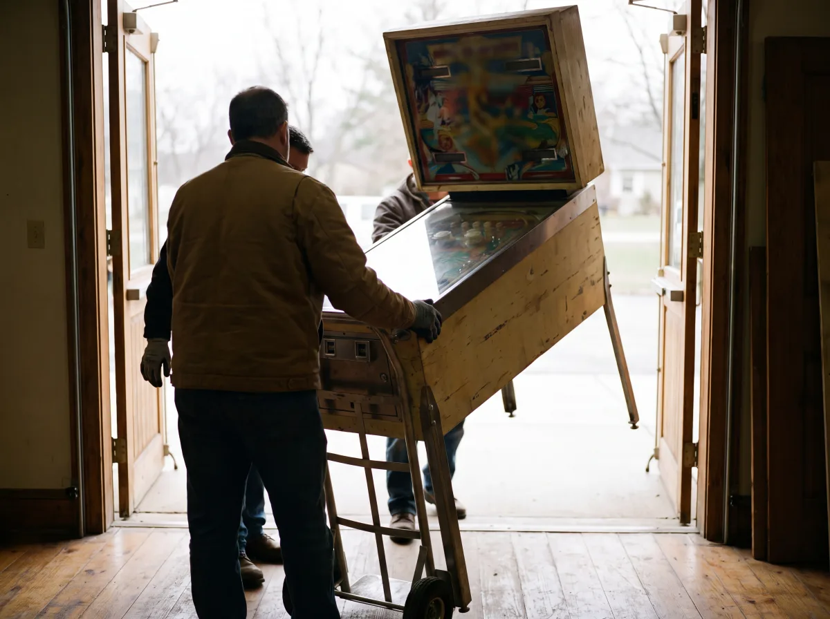 Movers rolling an upright pinball machine through a front doorway